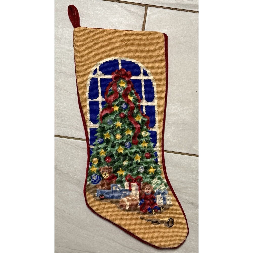 Needlepoint Christmas Stocking Velvet Back Lined Toys Christmas Tree Gifts